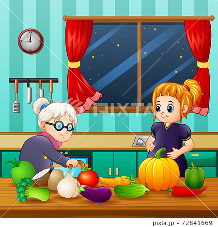 Old woman and a pregnant woman in the kitchen Old woman and a pregnant woman in the kitchen 72841669