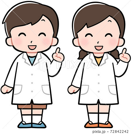 人差し指を立てる白衣の男の子と女の子のイラスト素材