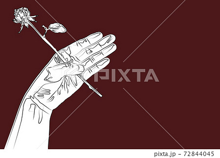 一輪の薔薇を持った手のシンプルな線画イラスト はがきテンプレート のイラスト素材