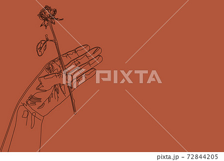 一輪の薔薇を持った手のシンプルな線画イラスト はがきテンプレート のイラスト素材