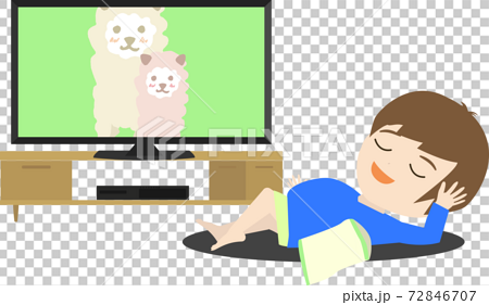 テレビを見ながら寝そべってお菓子を食べる可愛い子供のイラストのイラスト素材 72846707 Pixta
