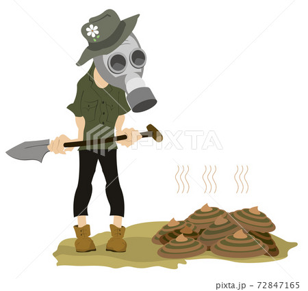 Man in the gas mask, spade and dunghill illustration. Farmer in the gas mask with a spade stays near a dunghill isolated on white illustration Man in the gas mask, spade and dunghill illustration. Farmer in the gas mask with a spade stays near a dunghill isolated on white illustration 72847165