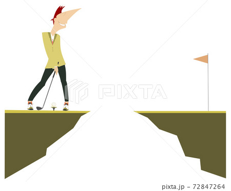 Golfer tries to make a hard kick concept illustration. Young golfer man tries to do a good kick standing on the edge of the of the precipice isolated on white  72847264