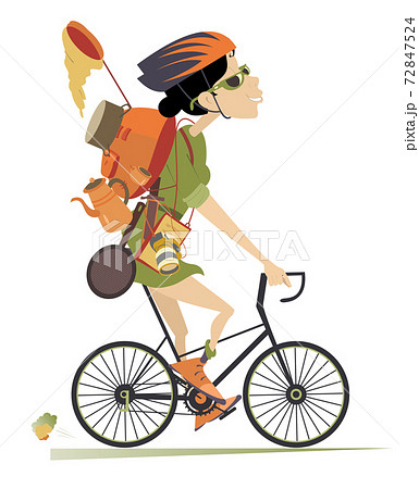 Smiling traveler woman rides a bikeのイラスト素材 [72847524 