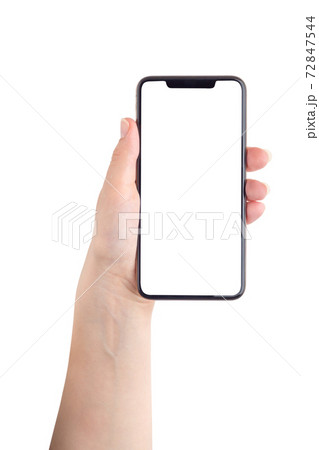 Smartphone with a blank white screen. New popular smartphone in hand on white background. 72847544