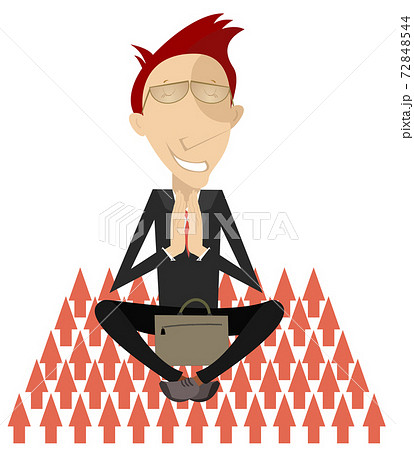 Business concept illustration. Businessman with eyes closed prays or meditates sitting as yoga on the sharp arrows concept illustration  72848544