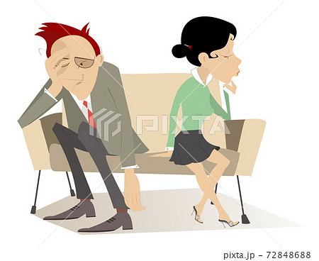 Disappointment. Man and woman in low spirits sit on the contrary edges of the sofa illustration Disappointment. Man and woman in low spirits sit on the contrary edges of the sofa illustration 72848688