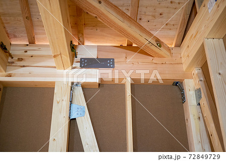 新築一戸建て住宅の工事現場での耐震金物のついた柱 72849729