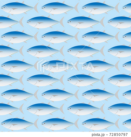 青い海の背景にたくさんのマグロのイラスト Fish Pattern Illustrationのイラスト素材