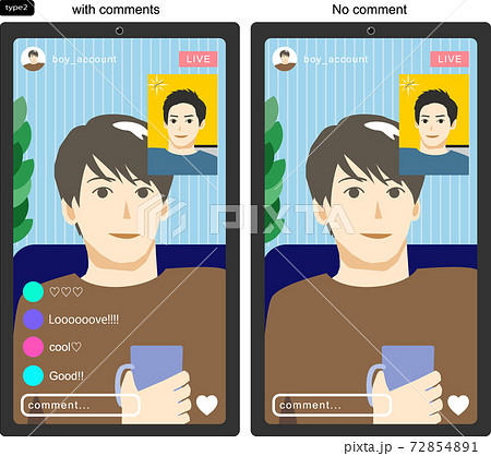 Snsライブをコラボ配信する若い男性たちを画面越しに見たイラスト2 線なし コメントありなし版のイラスト素材