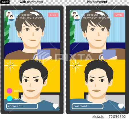 SNSライブをコラボ配信する若い男性たちを画面越しに見たイラスト1 線なし コメントありなし版 SNSライブをコラボ配信する若い男性たちを画面越しに見たイラスト1 線なし コメントありなし版 72854892