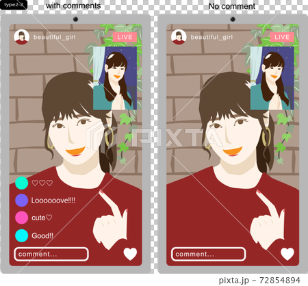 Snsライブをコラボ配信する若い女性たちを画面越しに見たイラスト4 線なし コメントありなし版のイラスト素材
