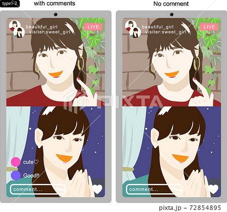 SNSライブをコラボ配信する若い女性たちを画面越しに見たイラスト3　線なし　コメントありなし版 72854895