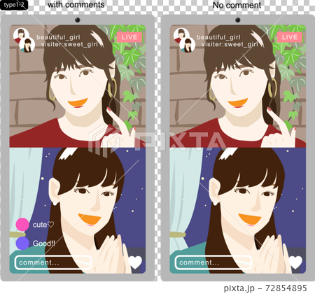 SNSライブをコラボ配信する若い女性たちを画面越しに見たイラスト3　線なし　コメントありなし版 72854895