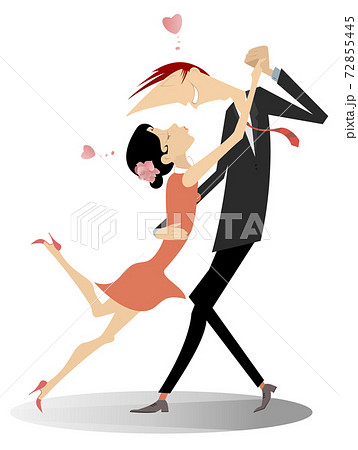 Dancing young couple illustration isolated. Romantic dancing young man holds woman by hand isolated on white illustration  72855445