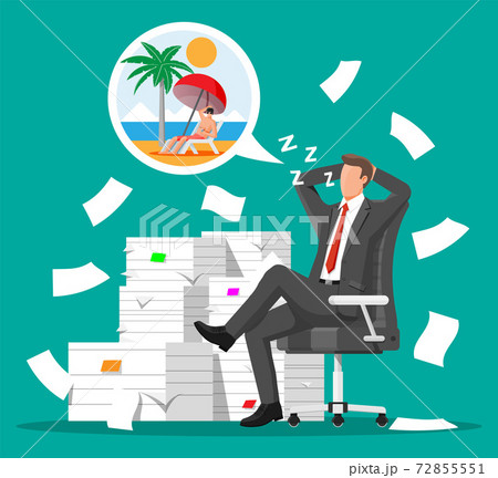 Business man character sleep in bunch of papers. 72855551