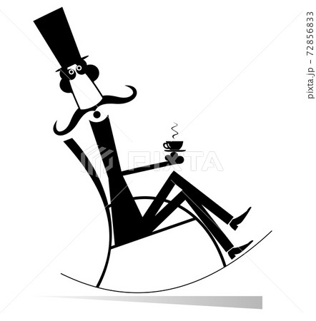 Man rests in the rocking chair with coffee isolated. Mustache man in the top hat sits in the rocking chair and has a cup of coffee  72856833
