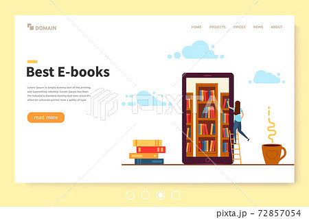Landing page template, online library. Young girl in the phone looking for an e-book. 72857054