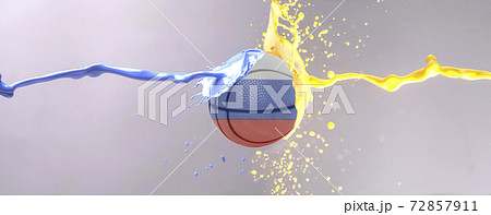 Flag of Russia on basketball ball with yellow and blue paint splashes Flag of Russia on basketball ball with yellow and blue paint splashes 72857911