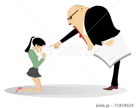 Angry boss and employee woman illustration. Angry chief scolds his frightened kneeling employee woman illustration  72858028