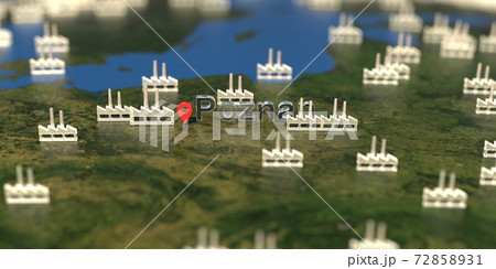 Poznan city and factory icons on the map, industrial production related 3D rendering 72858931