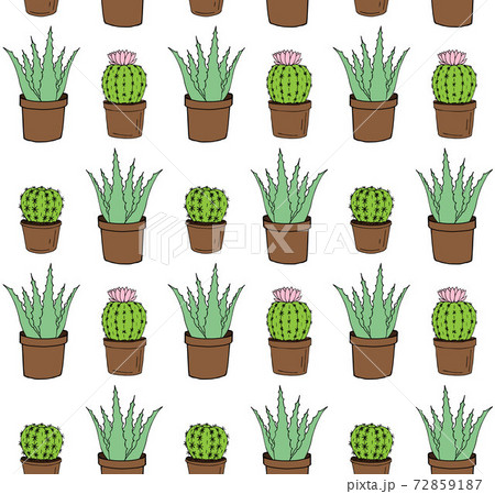 Seamless pattern of doodle green aloe and cacti 72859187