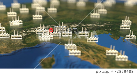 Factory icons near Milan city on the map, industrial production related 3D rendering 72859488