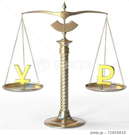 Yen JPY symbol and Ruble sign on golden balance scales, forex parity conceptual 3d rendering Yen JPY symbol and Ruble sign on golden balance scales, forex parity conceptual 3d rendering 72859910