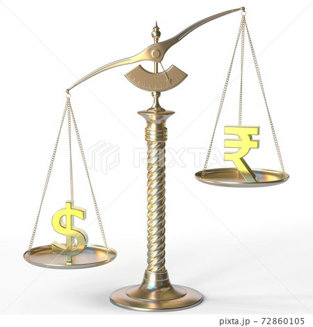 Dollar USD weighs more than Rupee on balance scales. Financial market trend concept. 3d rendering Dollar USD weighs more than Rupee on balance scales. Financial market trend concept. 3d rendering 72860105