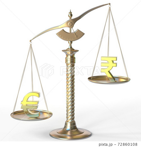 Euro EUR weighs more than Rupee on balance scales. Financial market trend concept. 3d rendering 72860108
