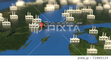 Factory icons near Stockholm city on the map, industrial production related 3D rendering Factory icons near Stockholm city on the map, industrial production related 3D rendering 72860124