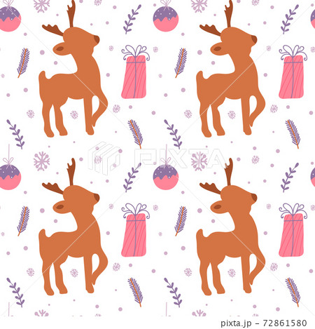 Christmas minimalistic seamless pattern with reindeer, present and ball. Vector illustration with winter motif 72861580