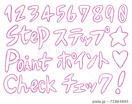 ピンクの手書き縁どりの数字や文字のセットのイラスト素材