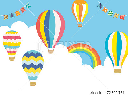 カラフルな気球と青空と虹の背景イラスト ガーランド付き のイラスト素材