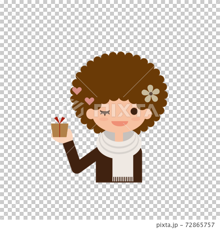 Illustration of a woman with afro hair winking with a gift Illustration of a woman with afro hair winking with a gift 72865757