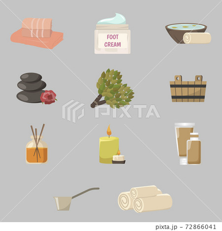 Sauna icons set, equipment and accessories. Broom leaf, towel and hot stones 72866041