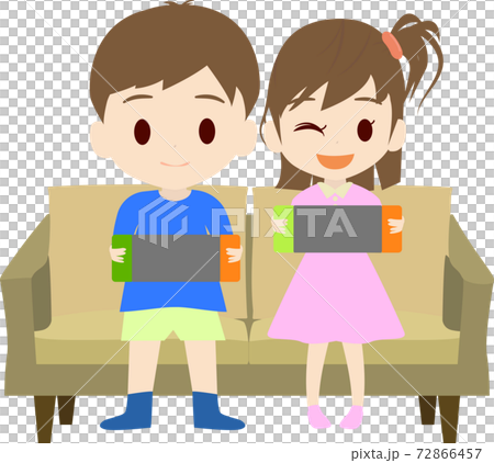 楽しくゲームやる女の子と男の子のイラストのイラスト素材