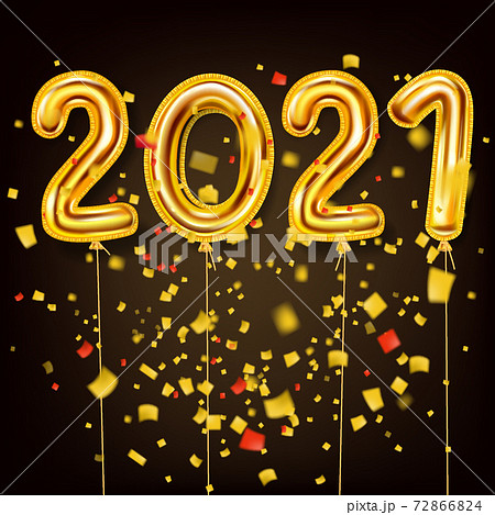 2021 Happy New Year decoration holiday background. Gold realistic 3d balloons foil metallic numbers explosion of glitter gold confetti. Vector illustration celebrate festive party, poster, banner 72866824