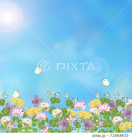 春の草花と蝶々の水彩イラストのイラスト素材