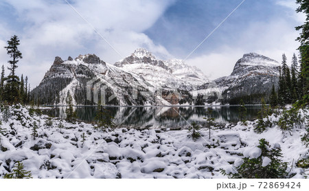 Rocky mountains with snow covered on winter at Lake O'hara, Yoho national park, Canada 72869424