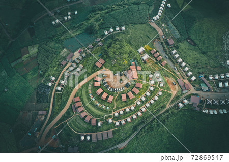 Aerial view of camping grounds and tents on Doi Mon Cham mountain in Mae Rim, Chiang Mai province 72869547