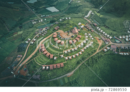 Aerial view of camping grounds and tents on Doi Mon Cham mountain in Mae Rim, Chiang Mai province 72869550