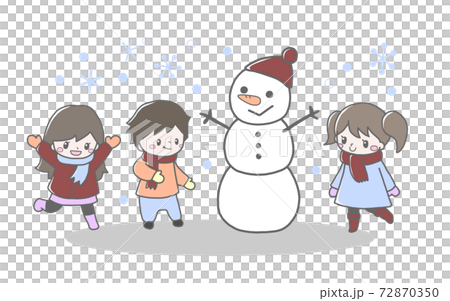 雪遊びをする冬の子ども達と雪だるまのかわいい手描き風イラストのイラスト素材