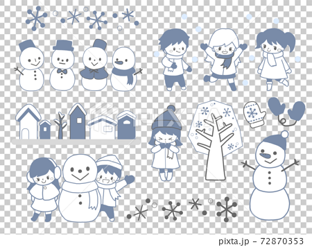雪だるまと雪遊びする子ども達と手袋と雪景色の家並みなどの冬の手描き風イラストセットのイラスト素材