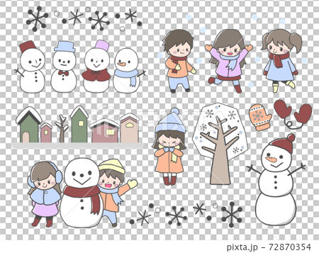 雪だるまと雪遊びする子ども達と手袋と雪景色の家並みなどの冬の手描き風イラストセットのイラスト素材