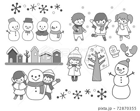 雪だるまと雪遊びする子ども達と手袋と雪景色の家並みなどの冬の手描き風モノトーンイラストセットのイラスト素材