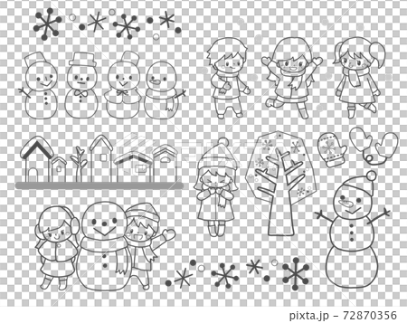 雪だるまと雪遊びする子ども達と手袋や雪景色の家並みなどの冬の手描き風イラスト線画セット 雪だるまと雪遊びする子ども達と手袋や雪景色の家並みなどの冬の手描き風イラスト線画セット 72870356