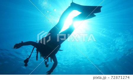 海中を泳ぐダイバーと太陽の光の写真素材