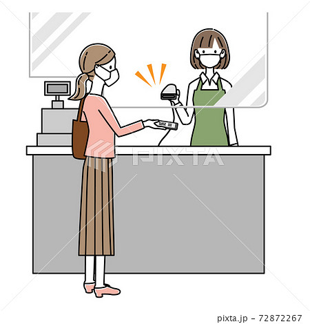 感染症対策をしてレジでQRコード決済をする女性 イラスト 感染症対策をしてレジでQRコード決済をする女性 イラスト 72872267