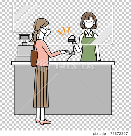 感染症対策をしてレジでQRコード決済をする女性 イラスト 感染症対策をしてレジでQRコード決済をする女性 イラスト 72872267